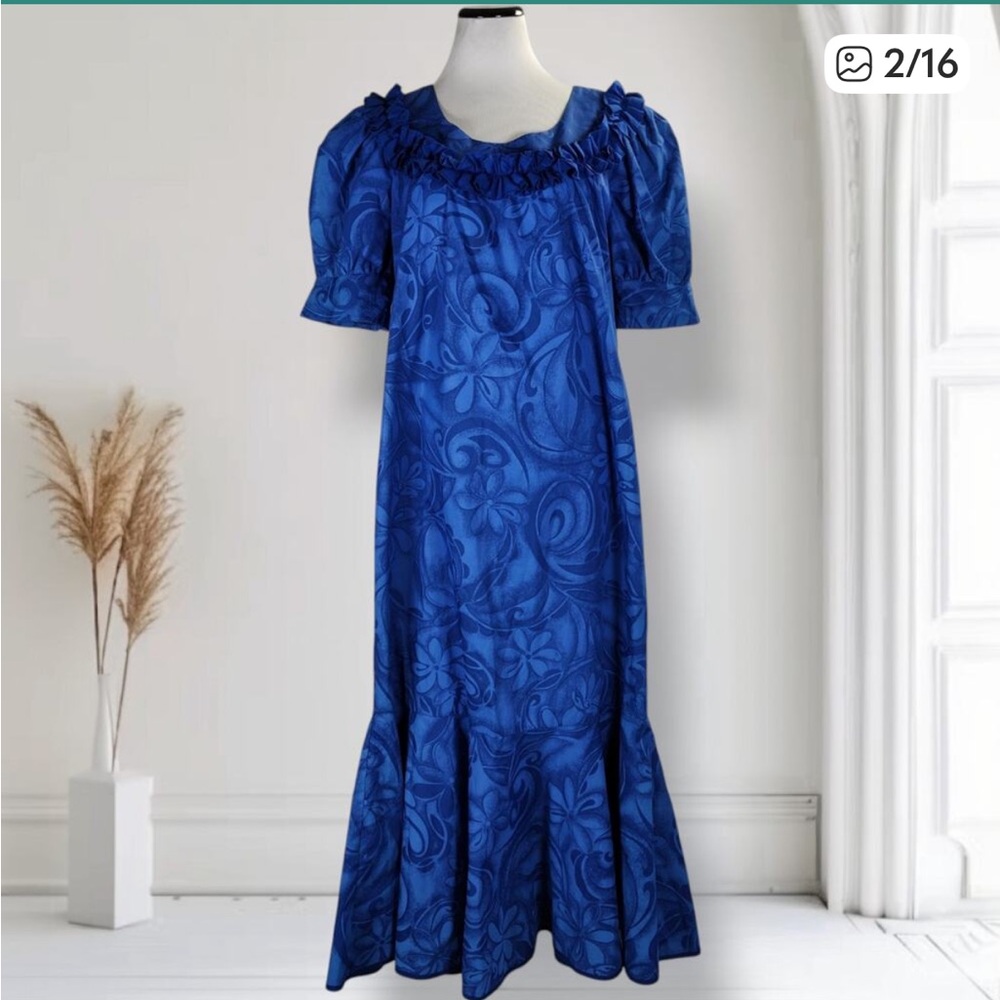 Vintage Carol Bennett Blue Floral Flounce Muumuu Midi Dress Hawaii Size L